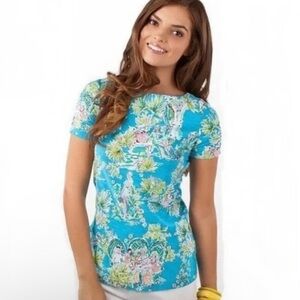 Lilly Pulitzer Lana Tee Small Jungle Glam fitted t-shirt top tropical blue